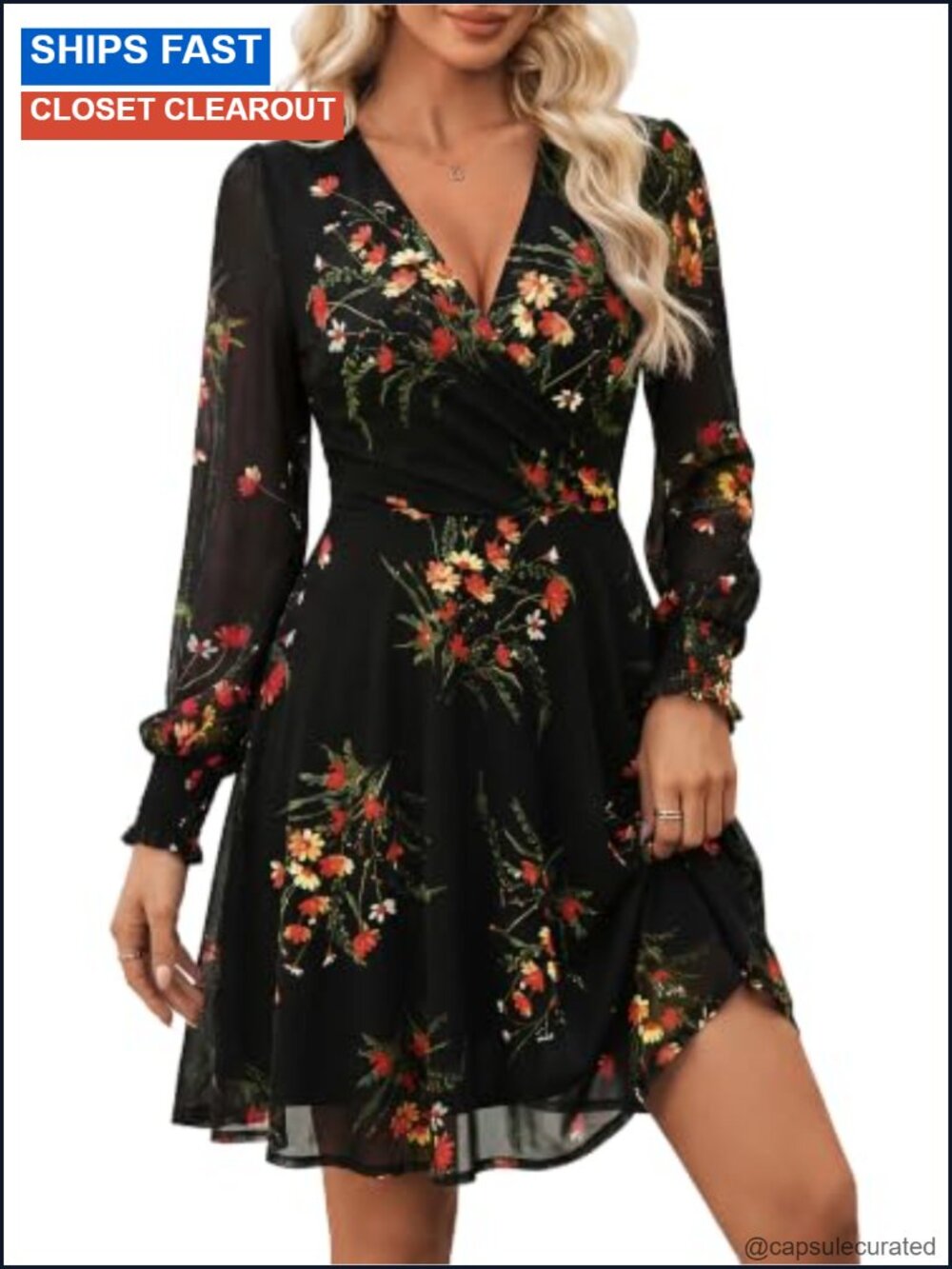 Women Floral Mesh Wrap V Neck Mini A Line Dress Long Lantern Sleeve